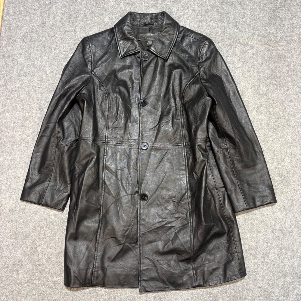 Jaclyn Smith Black Genuine Leather Trench Coat Button Front Jacket Womens Medium